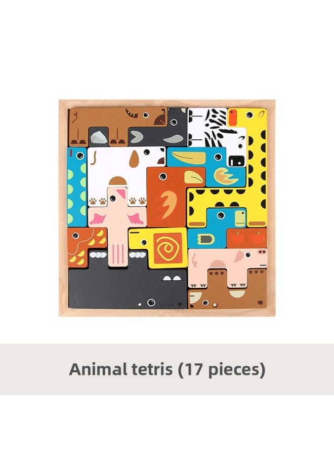 Children's Early Education Educational Animal Cartoon Creative Wooden Box Tetris Puzzle Boys And Girls Traffic Building Blocks Toys-Color:MS-animal Tetris (17 Pieces) - Image 1